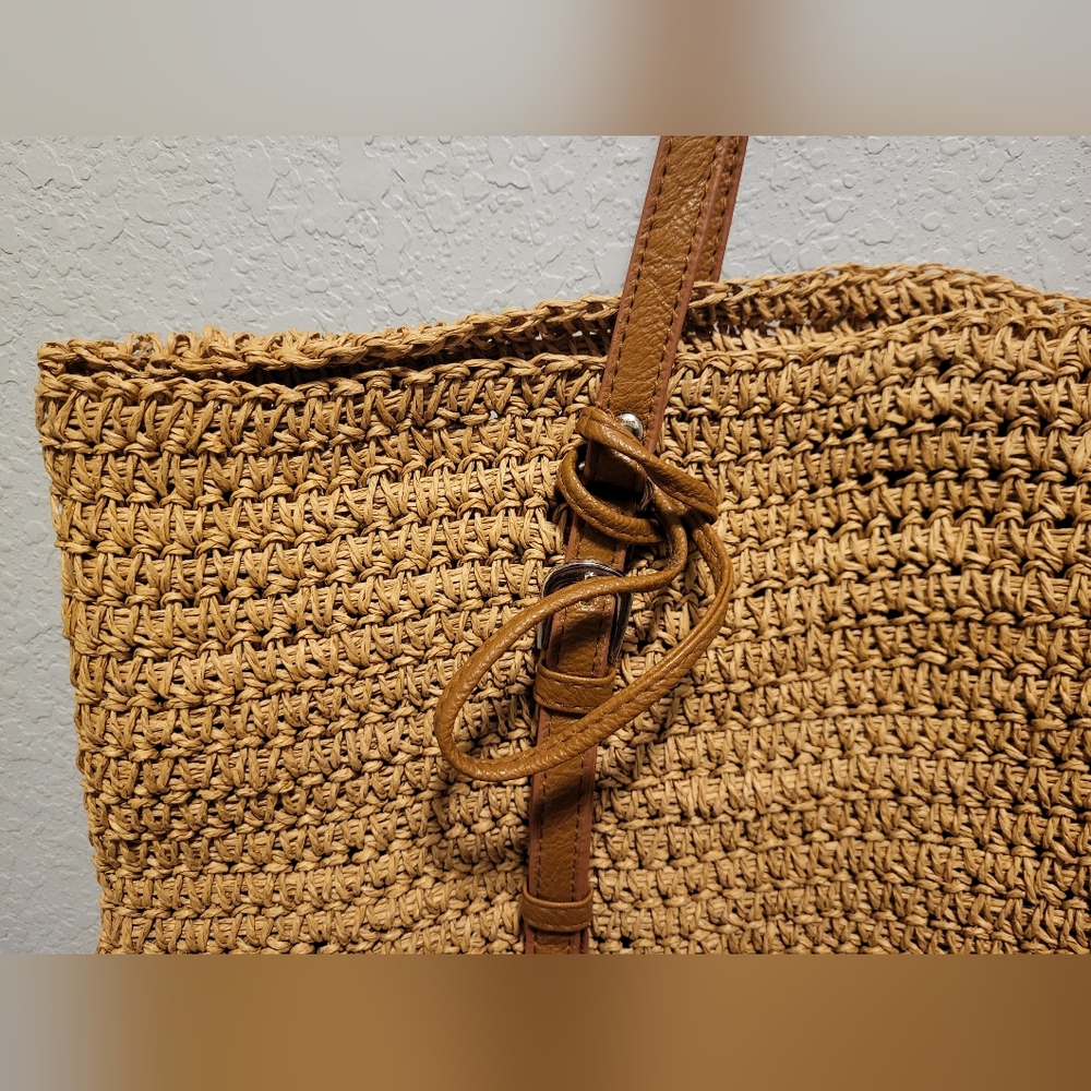 Packable Woven Straw Tote Bag with Brown Straps - Picture 7 of 9